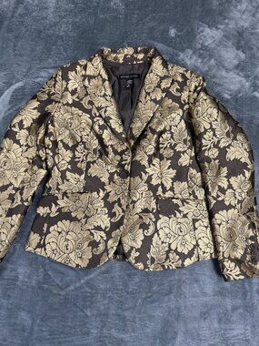 New York & Company Womens Gold Brown Floral Brocade Blazer 12